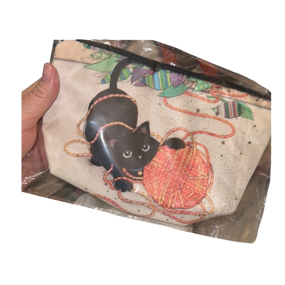 Black Cat Kitten Playing with Yarn Novelty Cosmetic Bag Small Zipper Pouch
